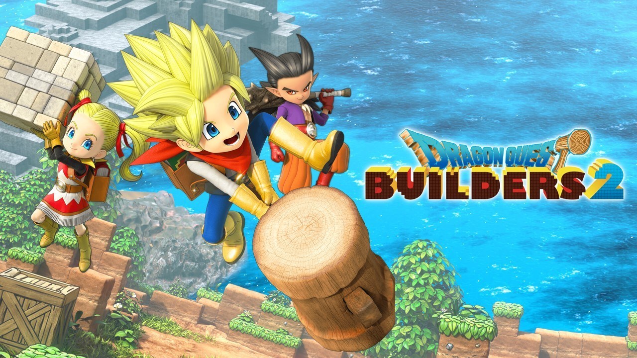  the left part of this picture are three characters from the game: a female hoisting a building block with dual hands, a male wielding a wood hammer, and a male holding a mace over his shoulder. The right part is the logo of Dragon quest builders 2. The background is the sea with rocks and some structure  